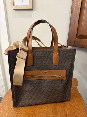 Michael Kors Brown Logo Messenger Bag with Tan Trim